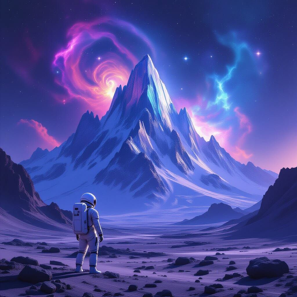 Astronaut on Alien Planet Gazing at Crystal Mountains