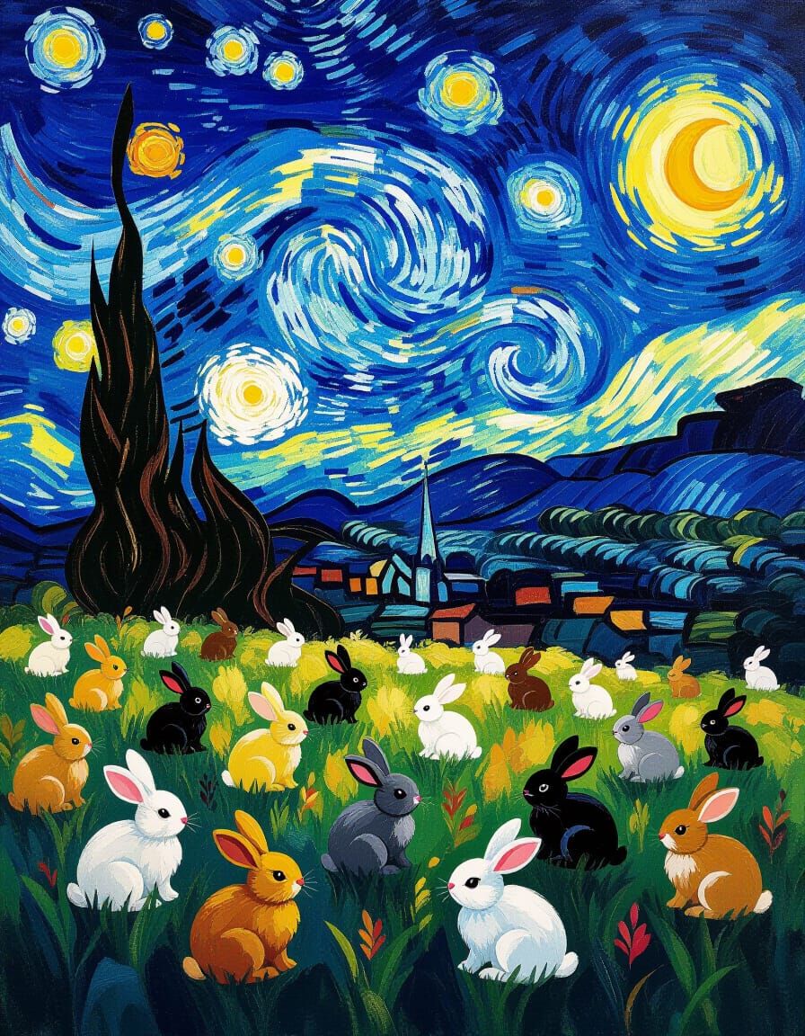 Vibrant Oil Painting of Bunnies Under Starry Night Sky