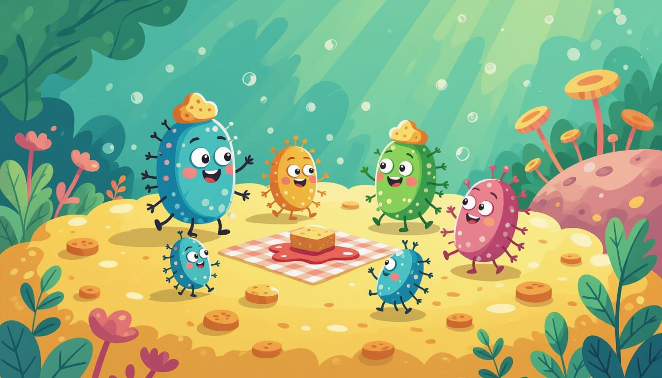 Whimsical Microbes Enjoying a Picnic on Mold