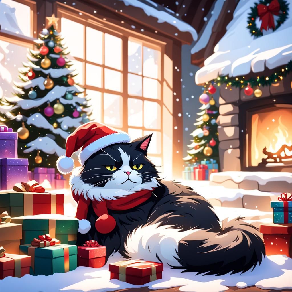 Giant Cat in Santa Hat by Christmas Tree