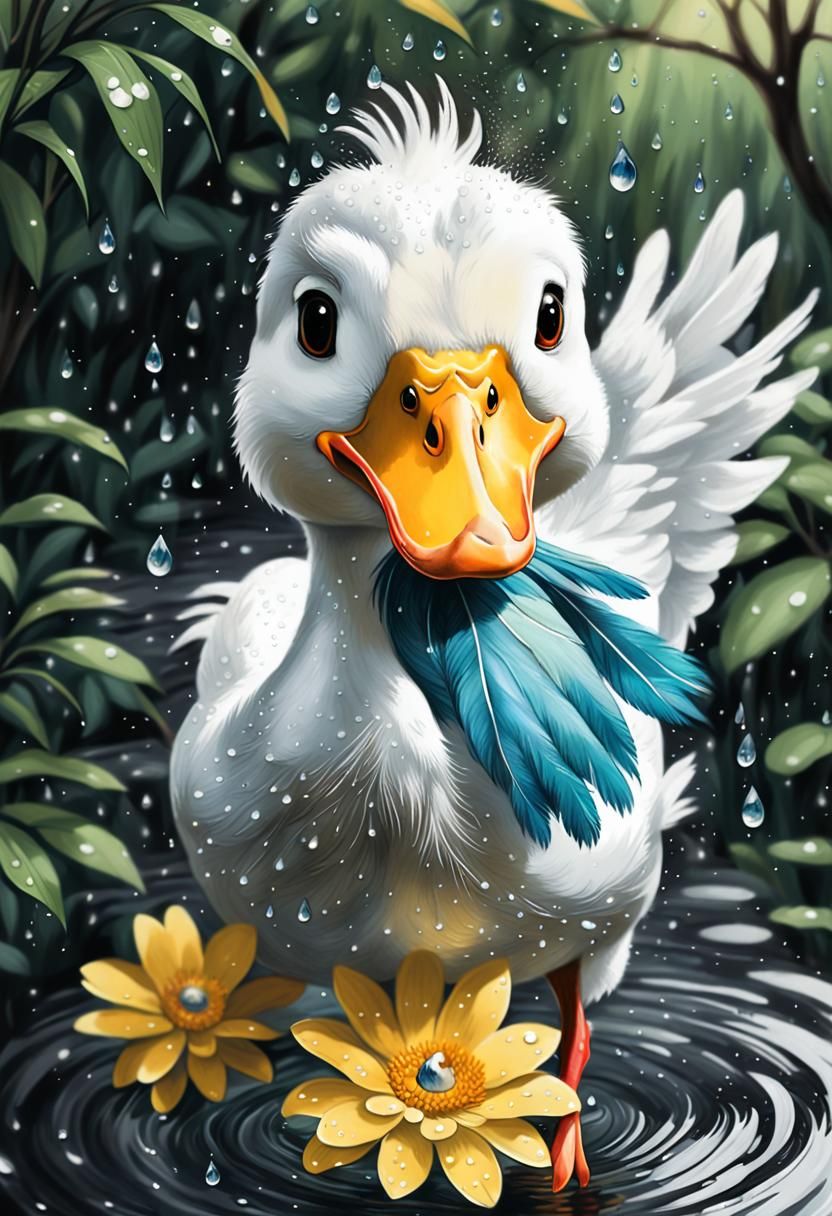 Duck in Japanese Garden: Anime-Inspired Charcoal Drawing