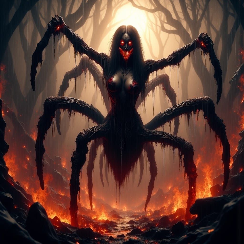 Terrifying Spider-Woman Hybrid in Fiery Cityscape