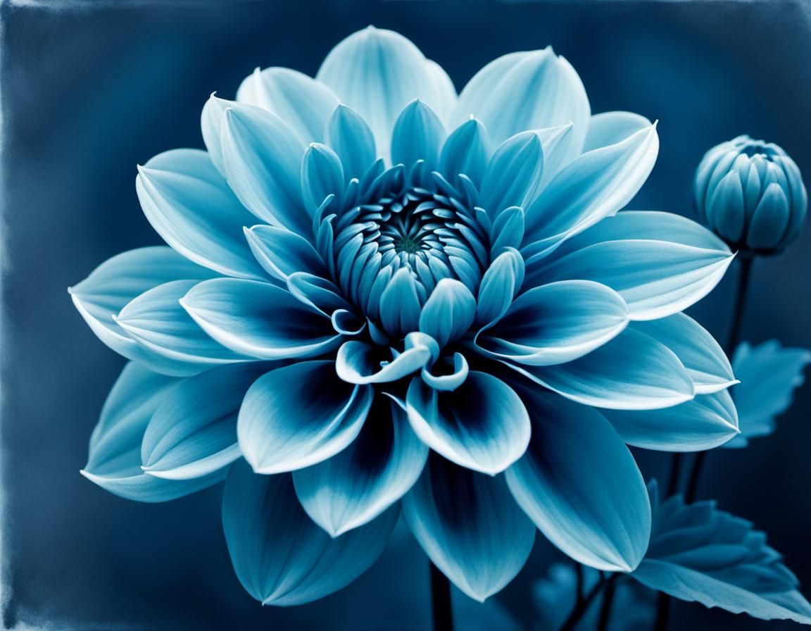 Elegant Blue Dahlia Flower in Cyanotype Style