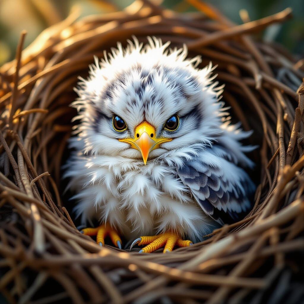 Fuzzy Baby Eagle Cuddled in Nest: Sharp Photorealistic Image