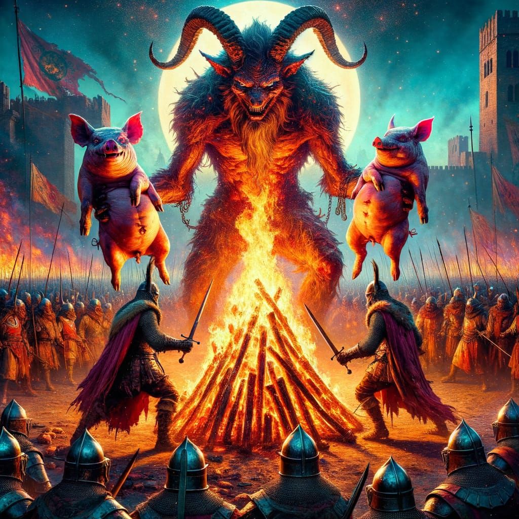 Surreal Medieval Krampus Battles Hostage Pigs Amidst Epic Bo...