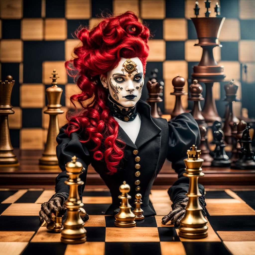 Steampunk Victorian Chess Automaton with Red Hair
