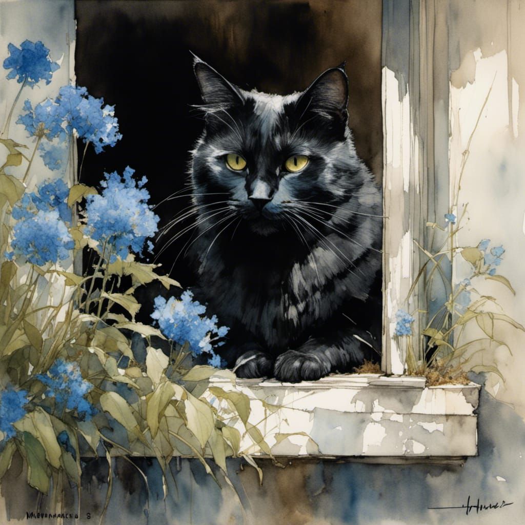 Black Cat Portrait with Prismatic Eyes, Watercolor Style