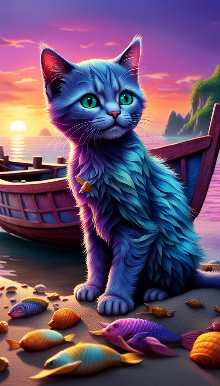 Mother Cat Nursing Kitten: Tropical Beach Art