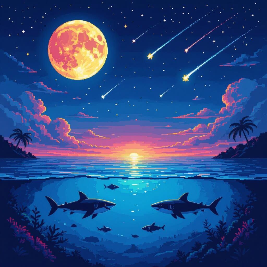 Pixel Art: Summer Night Ocean with Shooting Stars
