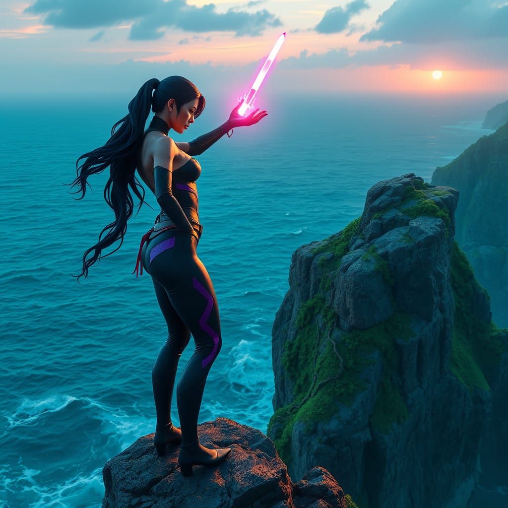 Mystical Warrior Psylocke Stands on Cliff's Edge, Psionic Bl...