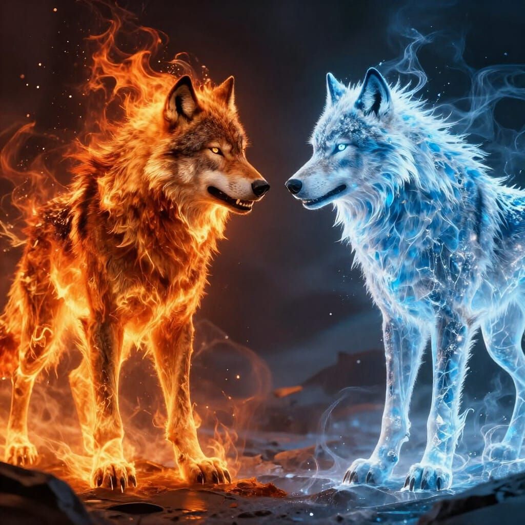 Fiery Wolf and Icy Wolf in Epic Fantasy Art