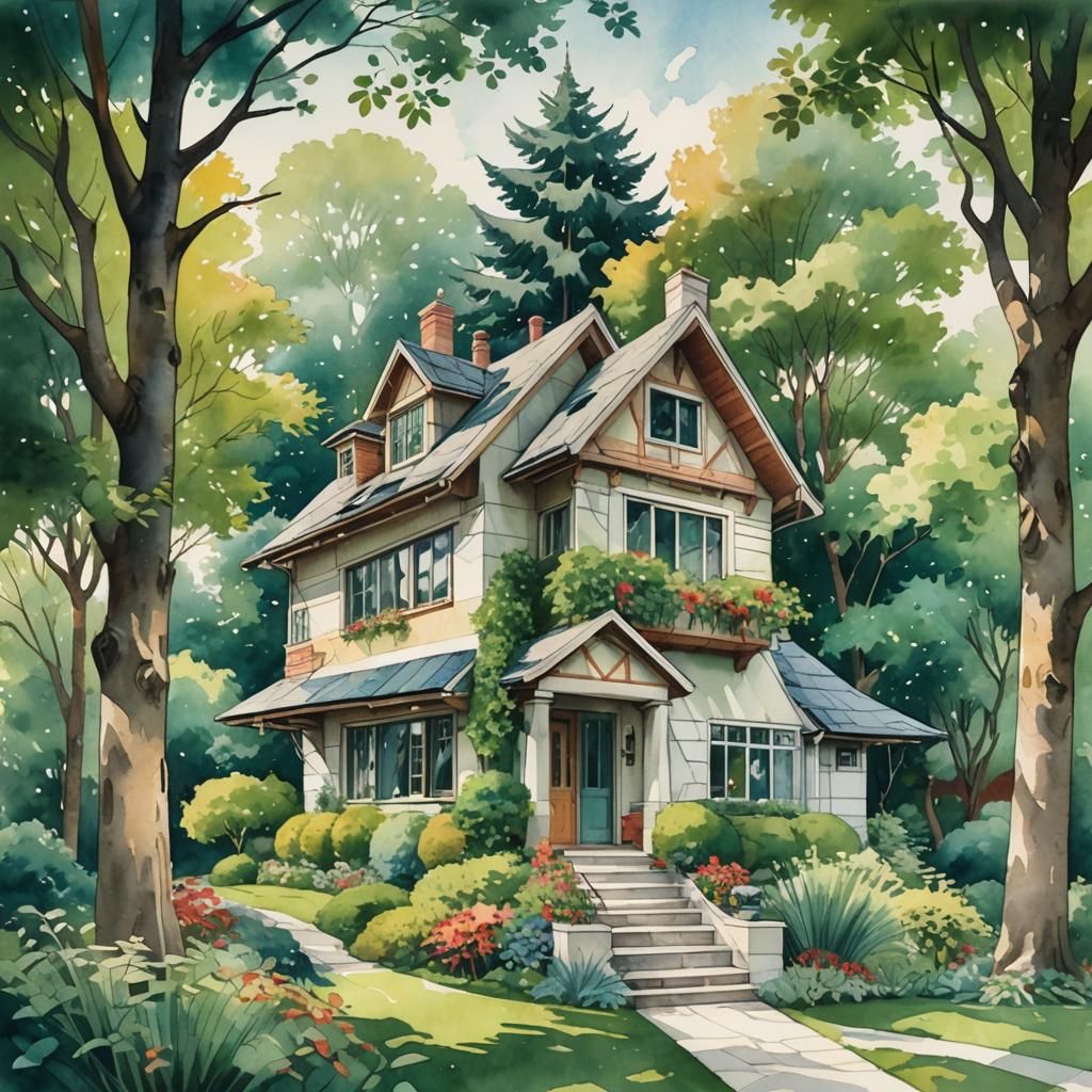 A cozy, one-story house with clean, geometric lines, charmin...