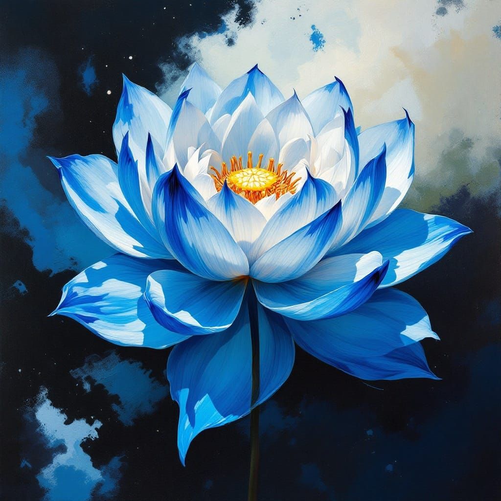 Vibrant Hyper-Realistic Oil Painting of Blue and White Lotus...