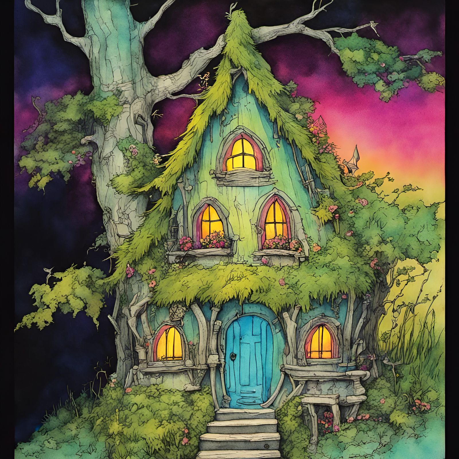 neon Fantasy fairy house, Hyperrealistic, pen and ink, brigh...