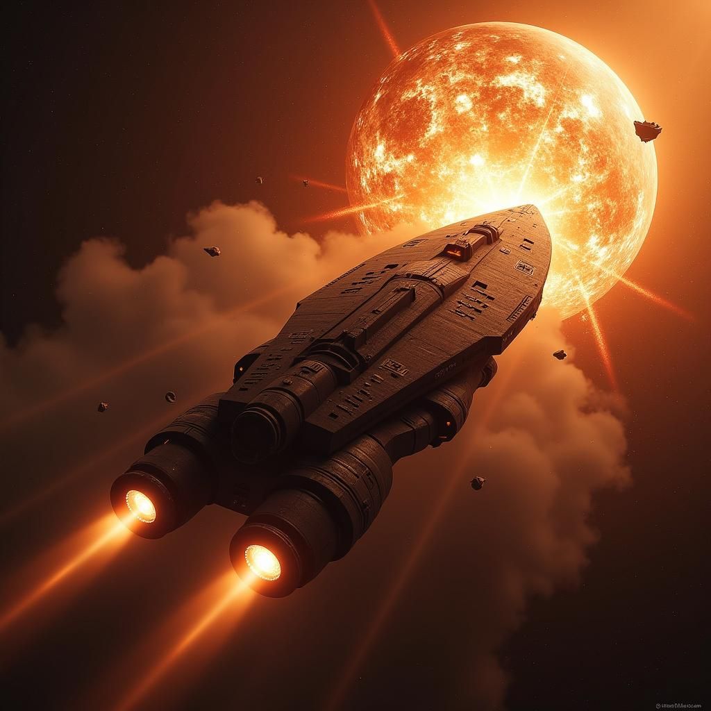 Battlestar Escapes Exploding Planet in Fiery Space Scene