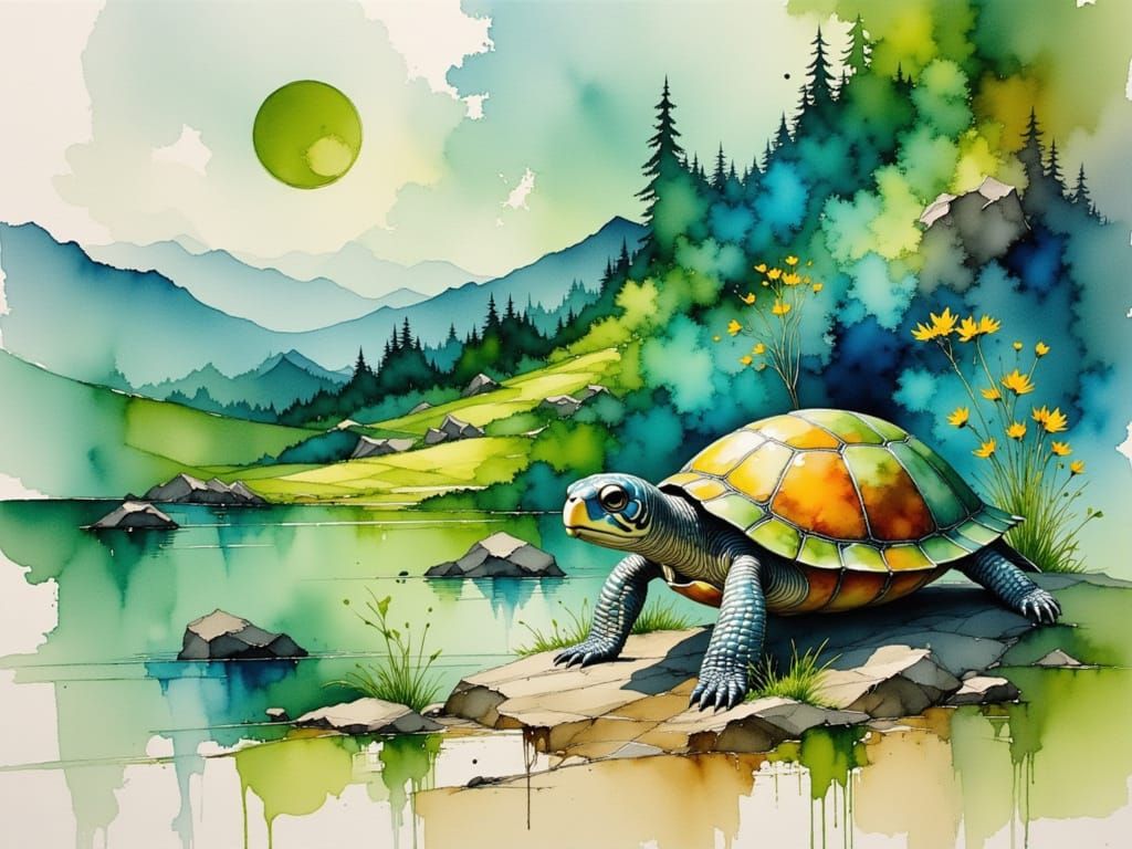 A Singing Turtle in Water Ink Colors