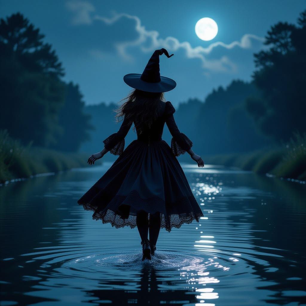 Moonlit Witch Floats Over River in Textured Lace Dress