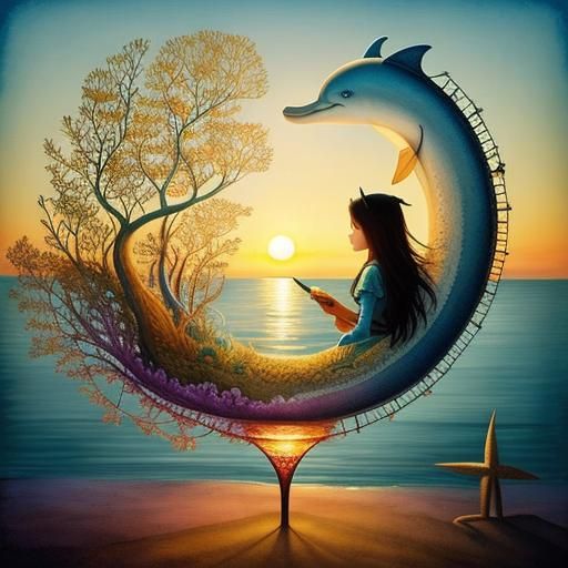 Seaside Sunset with Dolphin in Watercolor Style