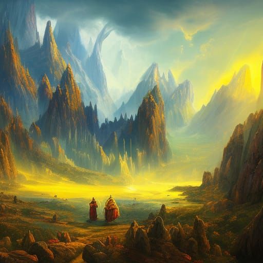Wizard Leads Party Up Mountain in Fantasy Art