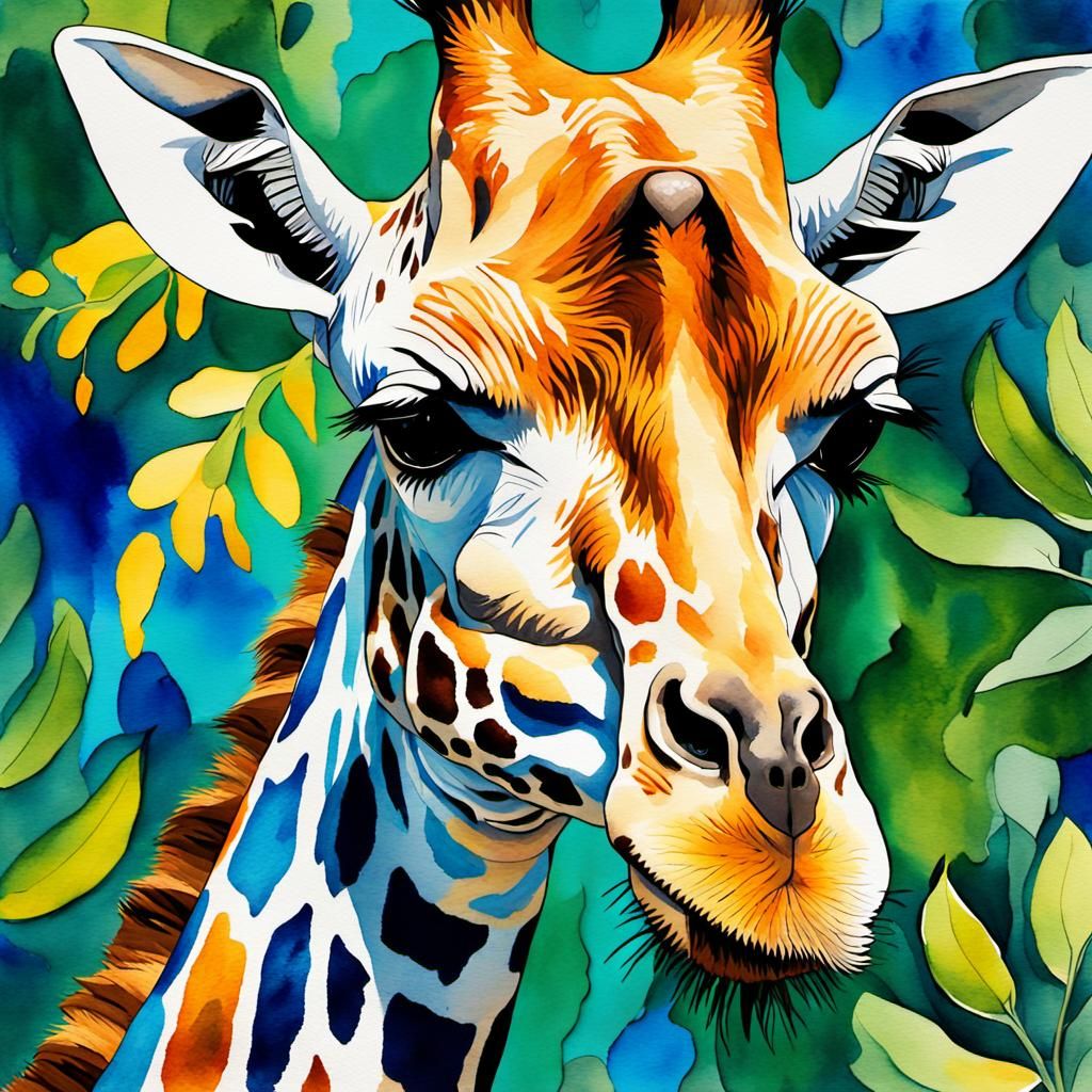 Vibrant Giraffe Portrait in Watercolor