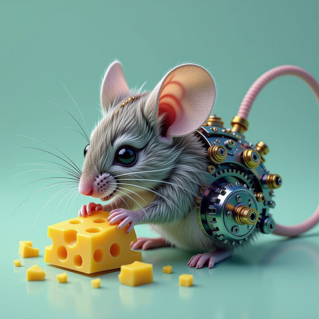 Mechanical Mouse Nibbling Cheese Fantasycore Artwork