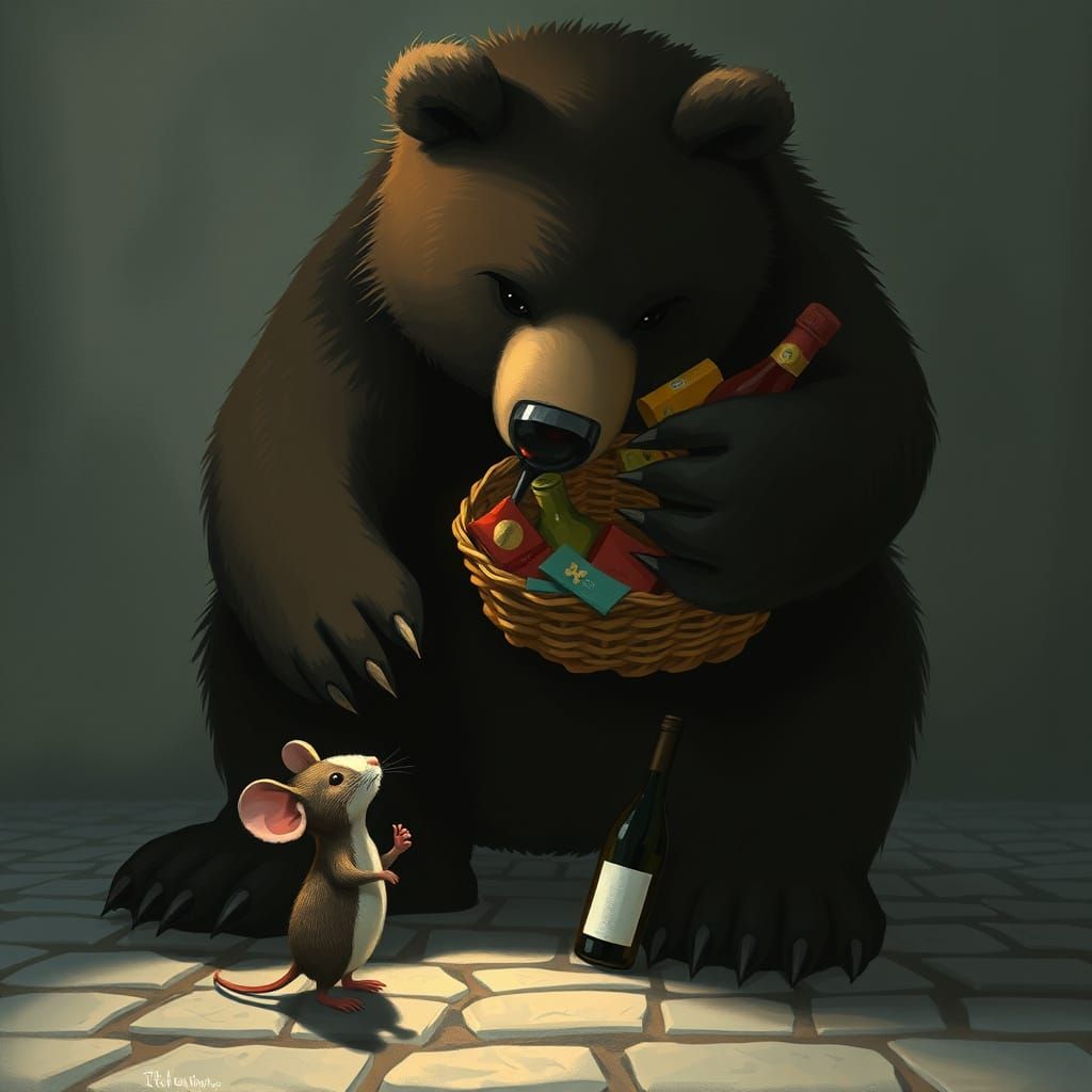 A tiny mouse with a bottle of wine looking up at giant bear ...