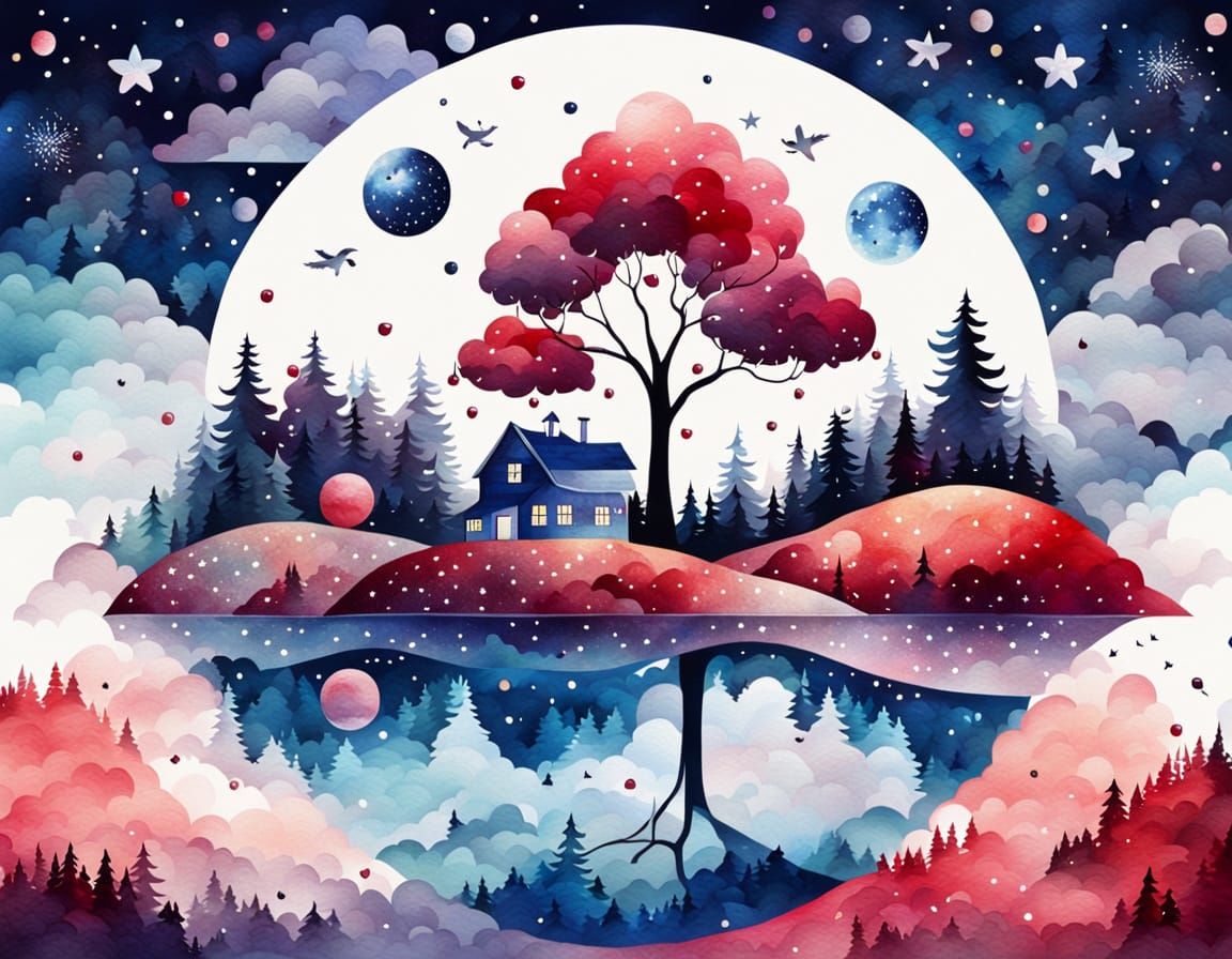 Surreal Cherry Landscape: Dreamlike Watercolor Composition