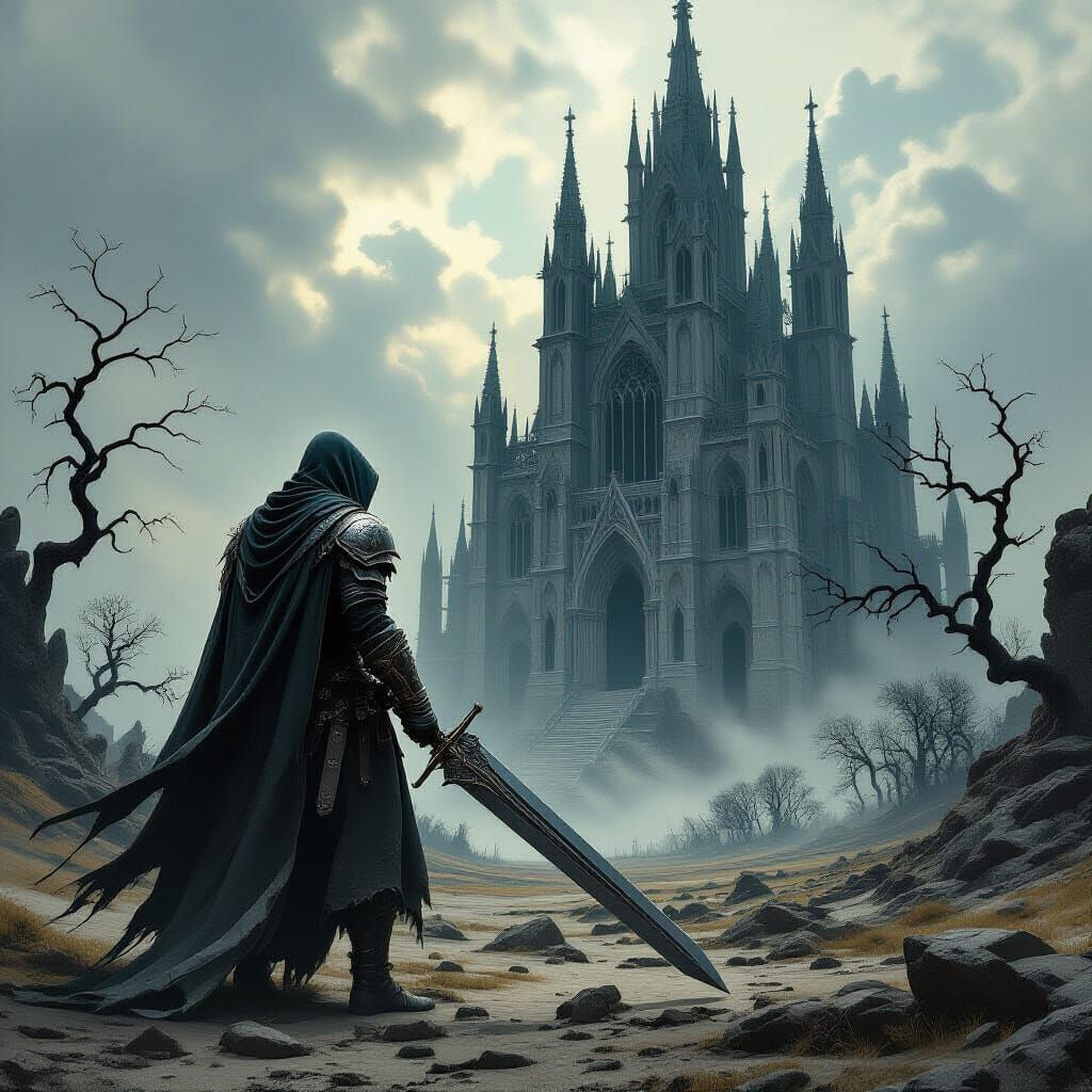 Lone Warrior Gazing at Gothic Cathedral in Dark Fantasy Styl...