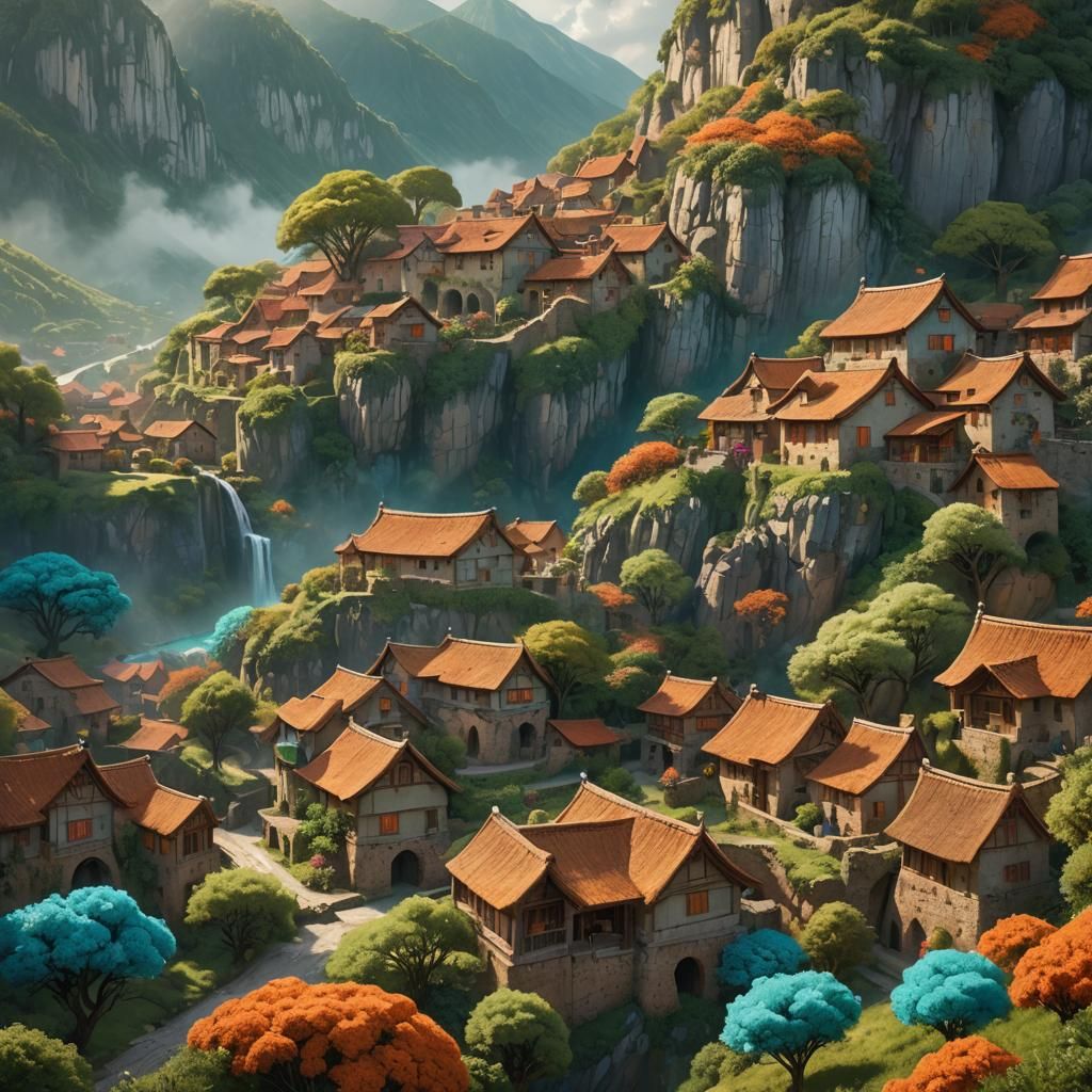 Serene Valley Village Digital Matte Painting