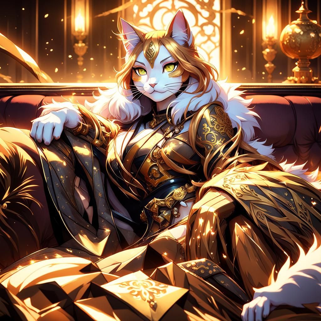 Anime Cat Girl Lounging in Lavish Room