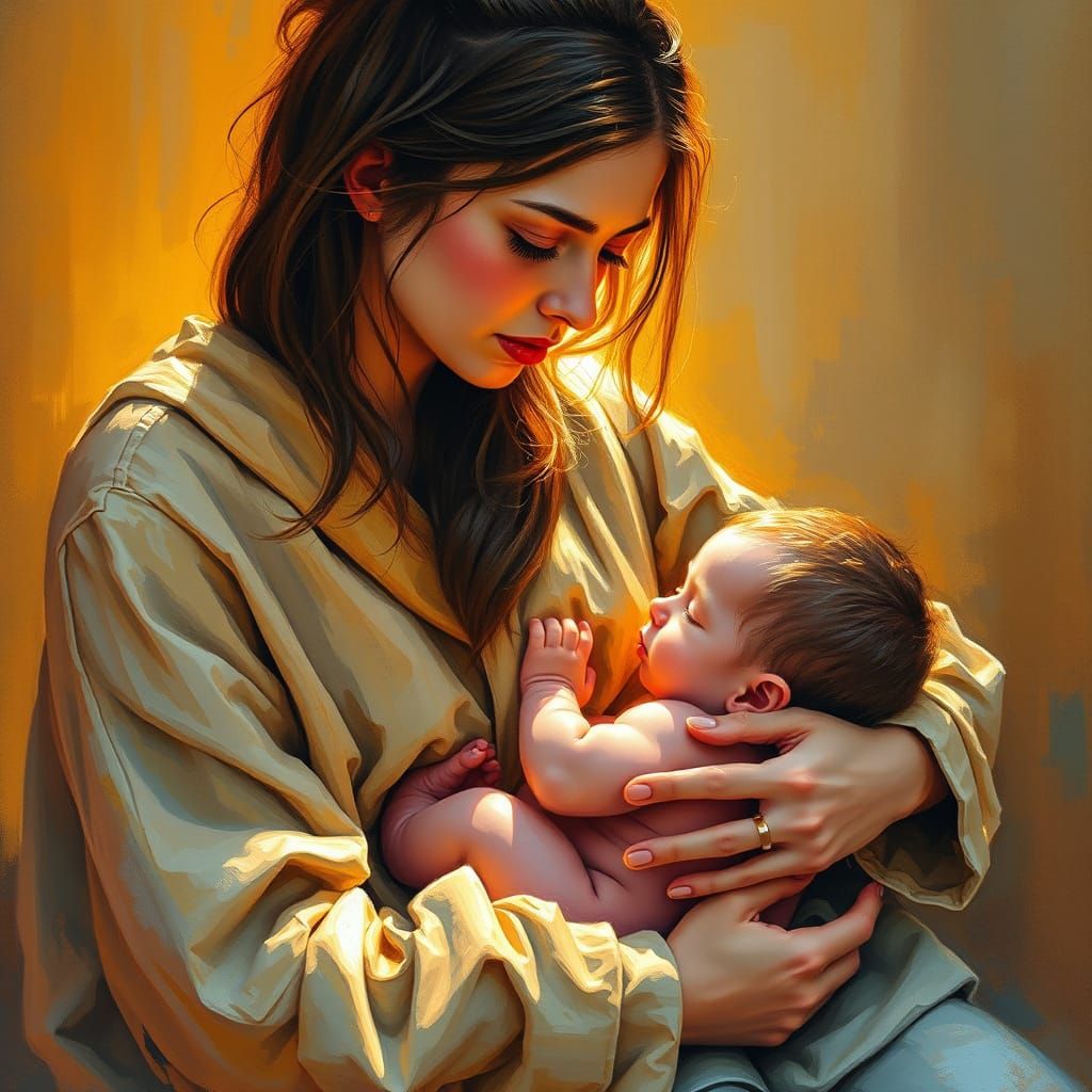 Mother and Child in Golden Light, Gouache Style