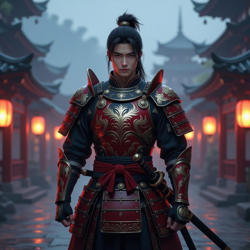 Japanese College Student in Red and Gold Dragon Samurai Armo...