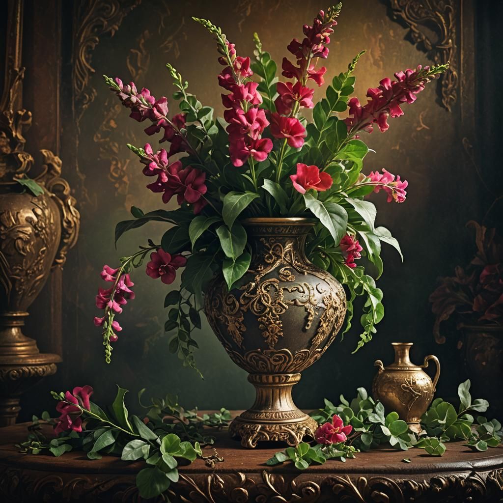 Baroque Still Life of Snapdragons and Ivy