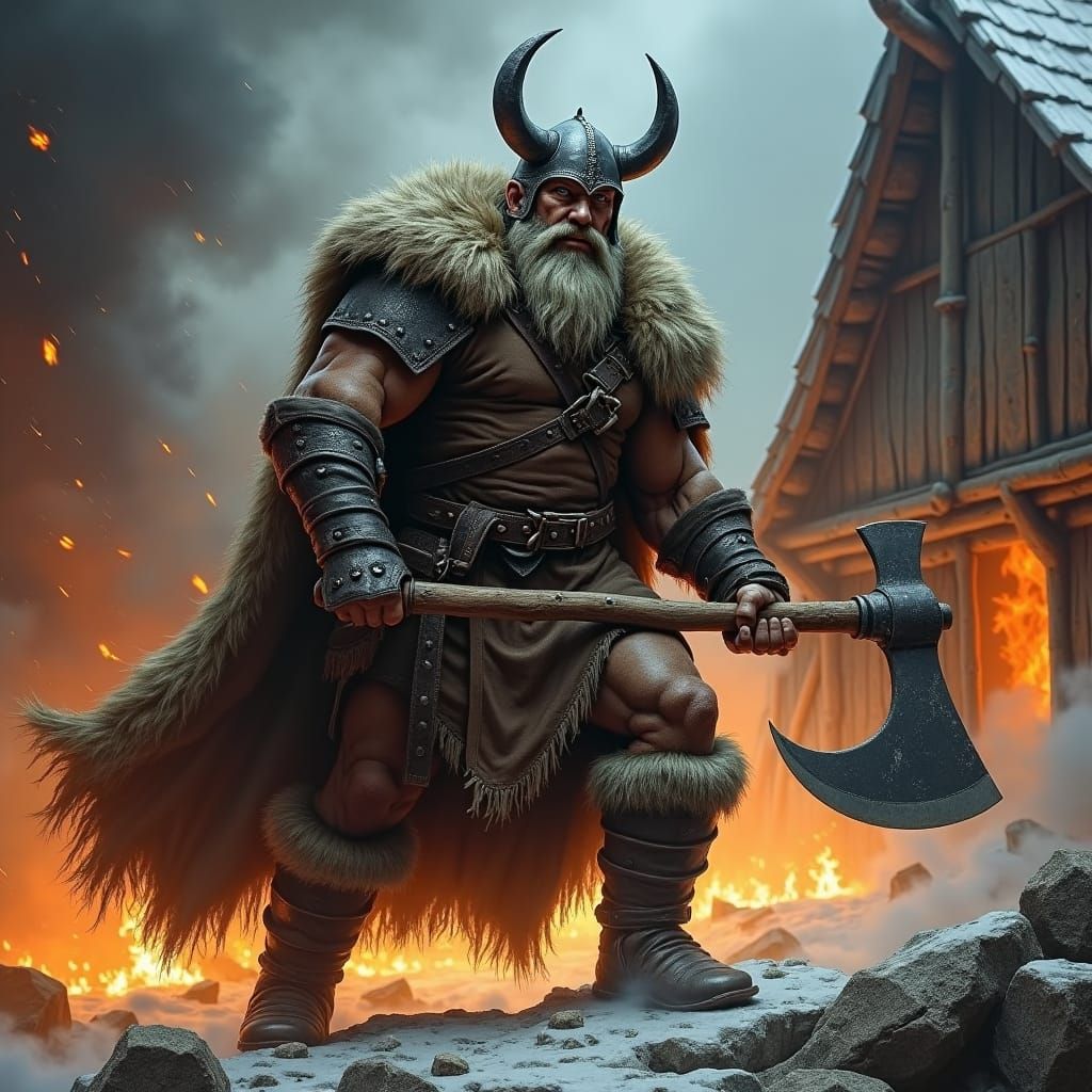 Viking Warrior in Fiery Longhouse, Illustrated Fantasy Art
