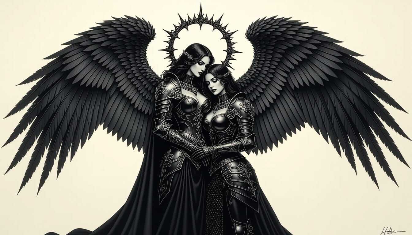 Fallen Angel Protects Knight in Charcoal Drawing Style