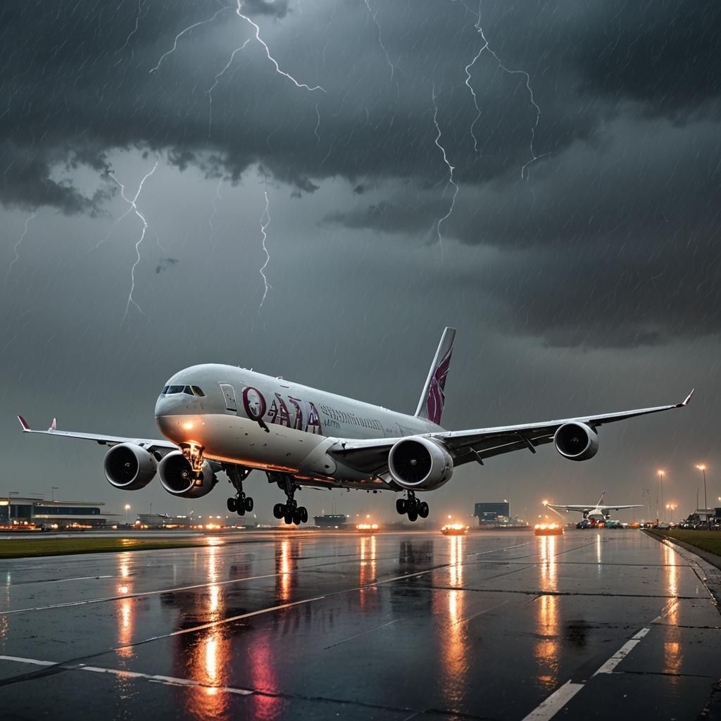 Qatar Airways 777 Takes Off in Stormy Night