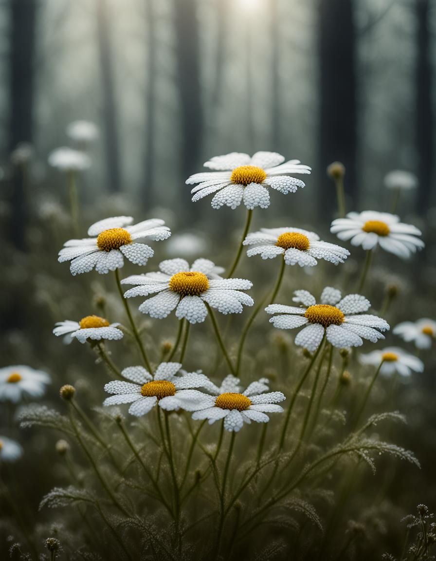 Sneezewort Flowers in Misty Forest: Botanical Photography