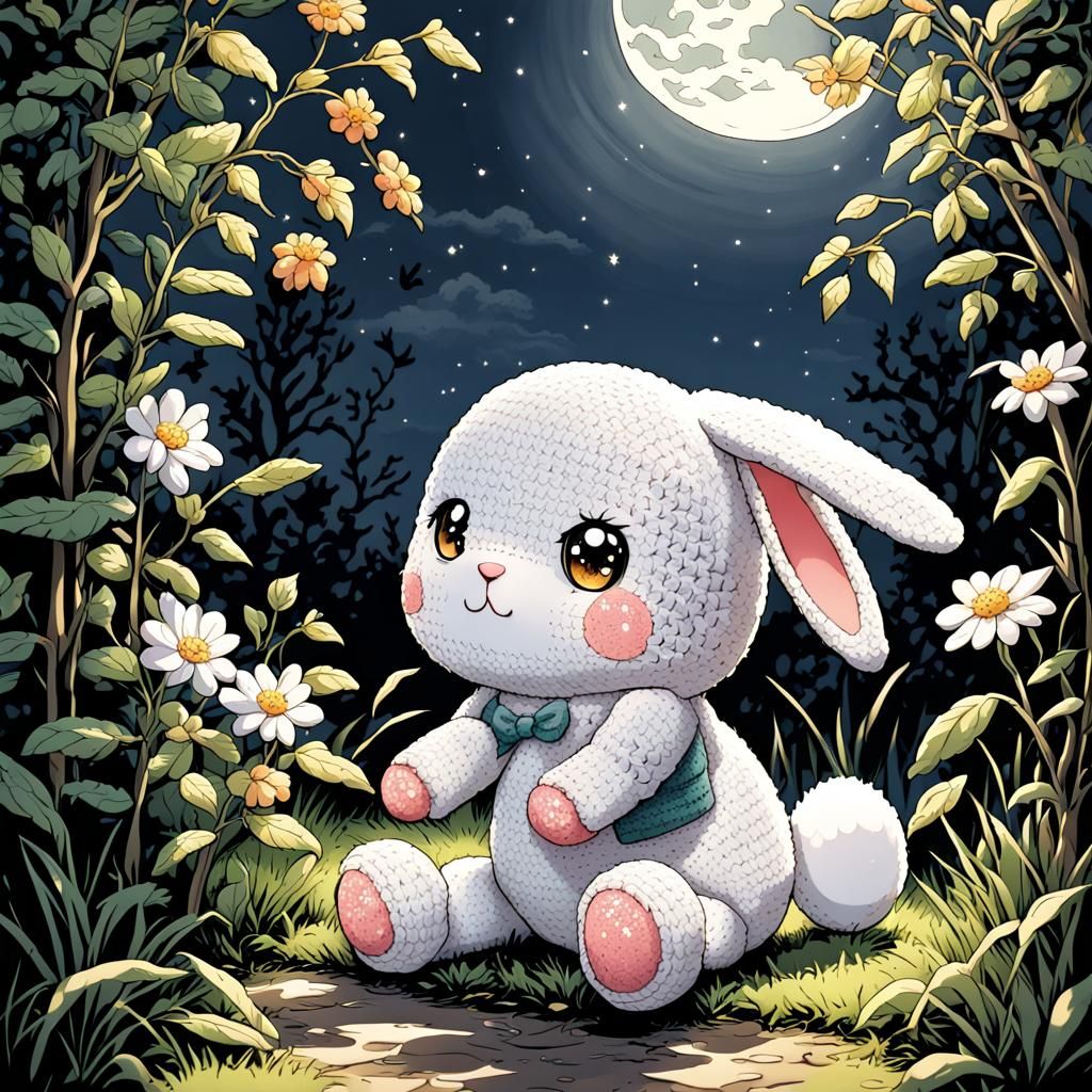 Crocheted Rabbit Under Moonlight: Anime Style