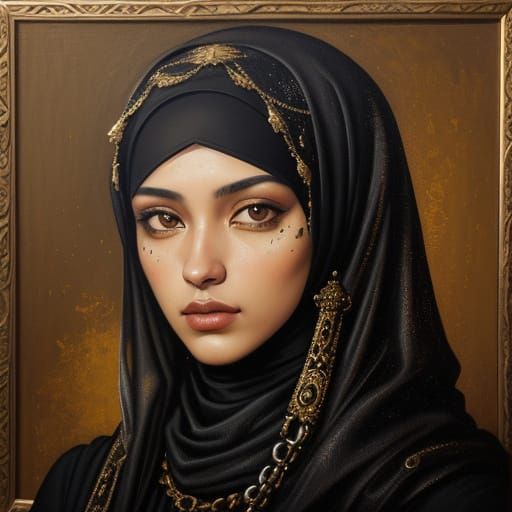 Baroque-Punk Woman with Hijab in Oil Painting Style