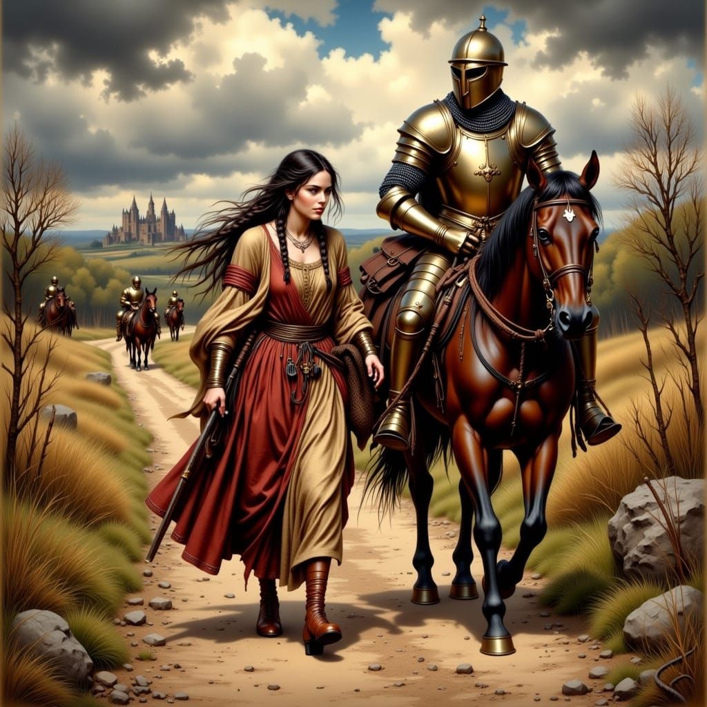 Medieval Woman and Knight Beside Castle, Oil Painting Style