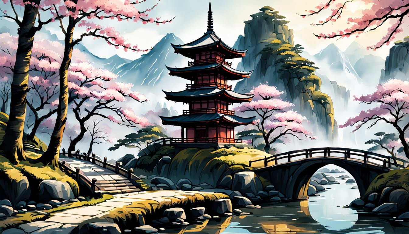 Pagoda in Sumi-e Style Ink Painting