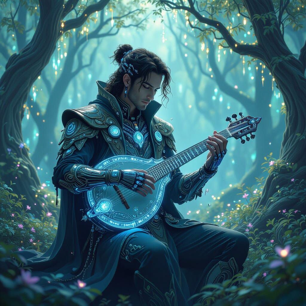 Futuristic Bard's Enchanting Melody in Digital Art Style