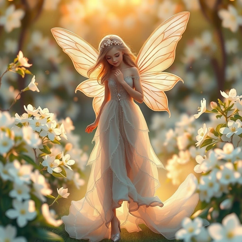 Bejeweled Fairy in Sunrise Garden, Fantasy Artwork