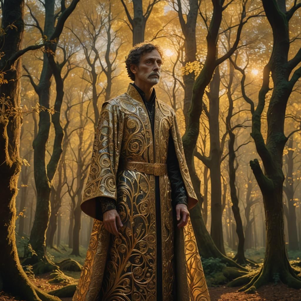 Regal Figure in Mystical Forest at Golden Hour