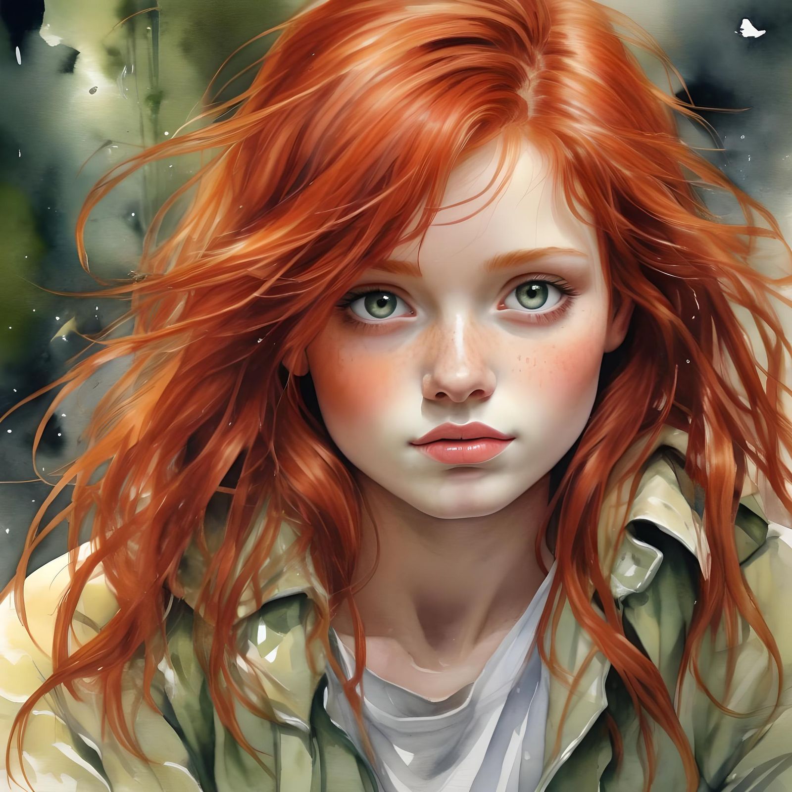 Watercolor Redhead Portrait with Bright Eyes