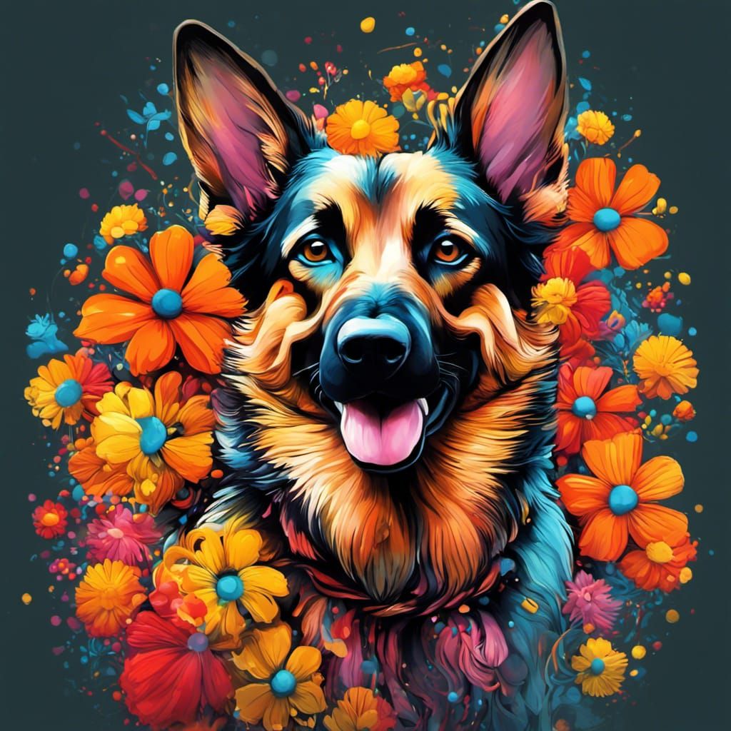 German Shepherd with Flowers in Hyperrealistic Style