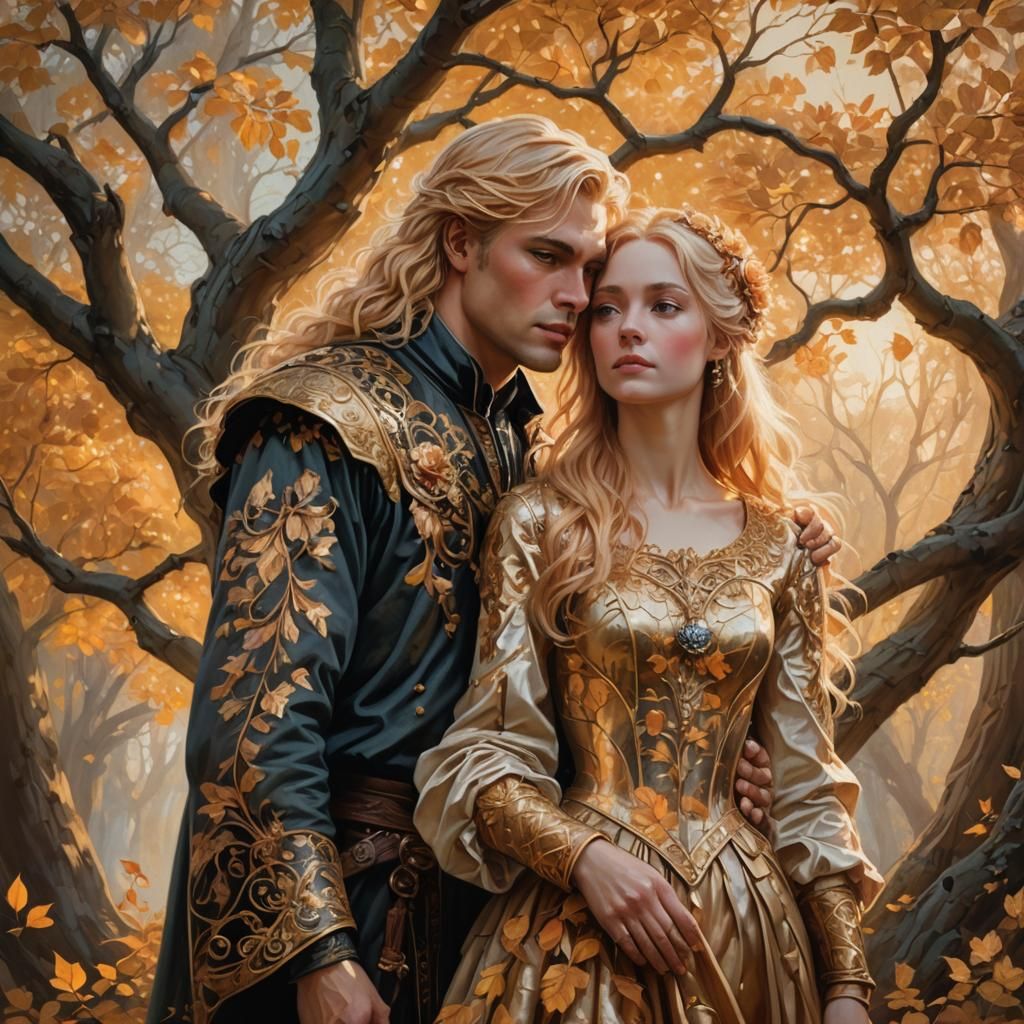 Golden Couple in Fantasy Oil Painting