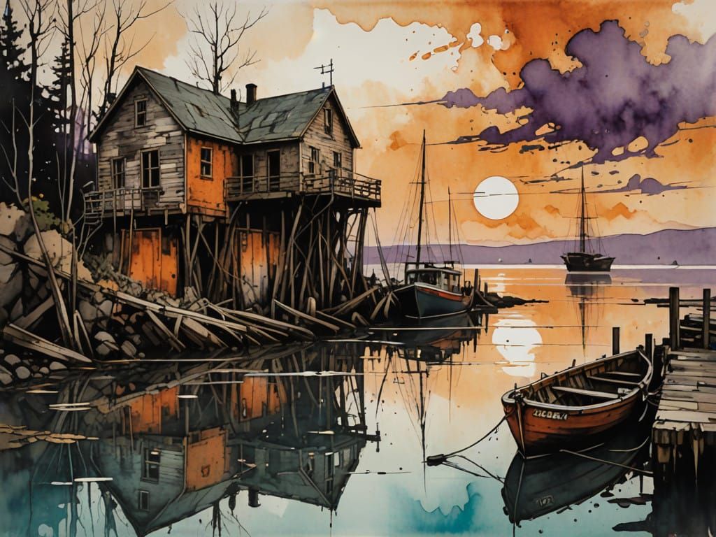 Ethereal Seaside Twilight, Modern European Ink Painting