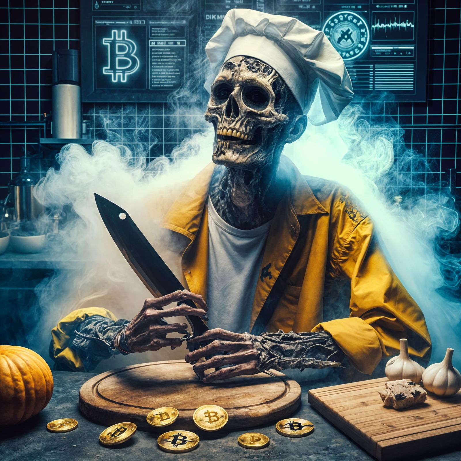 Undead Chef in Blockchain Kitchen with Golden Knife
