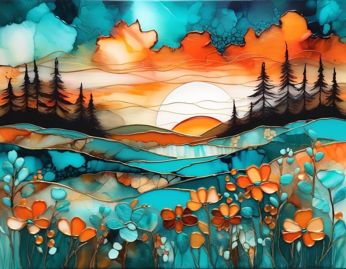 Abstract Jazz Fusion Floral Landscape Sunset